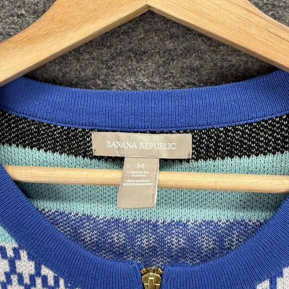 Banana Republic Full Zip Sweater Women M Medium Blue Striped Knit Cotton Casual - Picture 3 of 7